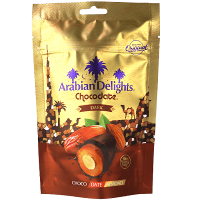 تمر محشي لوز مغطى بالشوكولاتة الداكنة أرابيان ديلايتس 100غ